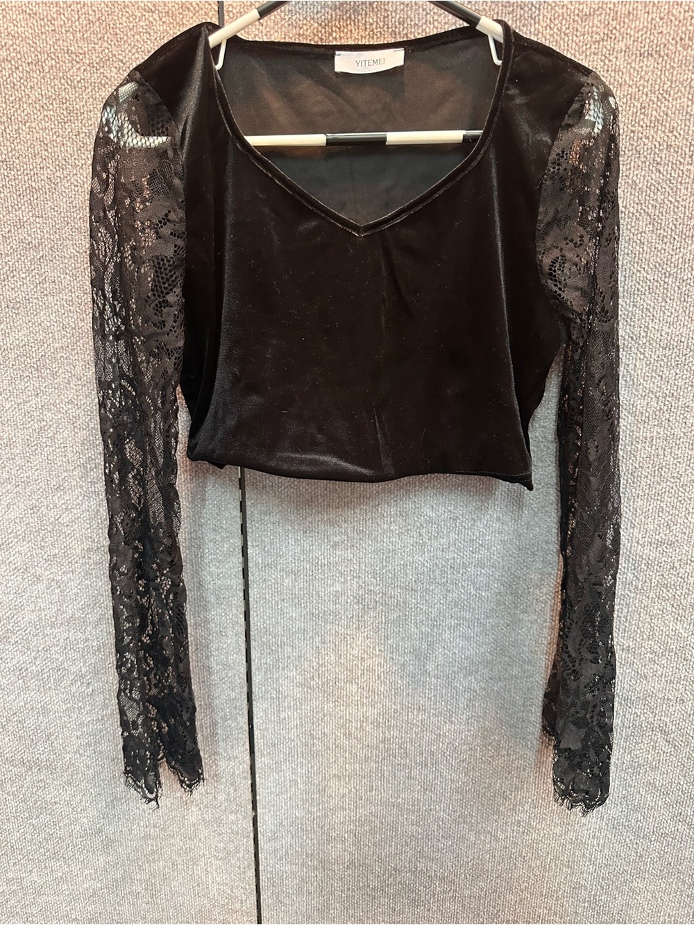 Black Velvet Crop Top with Lace Sleeves